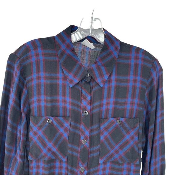 CAbi Navy Blue Moody Check Plaid Top #3431 Size M Long Sleeve Button Down Shirt - Picture 3 of 6